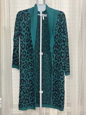 BCBGeneration Leopard Print Long Open Front Shawl Collar Cardigan Sweater XS